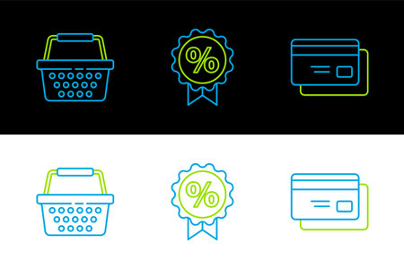 Set line Credit card Shopping basket and Discount percent tag icon. Vector.のイラスト素材