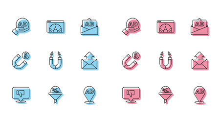 Set line Dislike in speech bubble Lead management Advertising Magnet Mail and e-mail with money and Website statistic icon. Vector.のイラスト素材