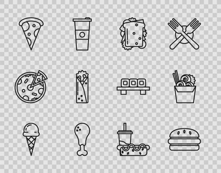 Set line Ice cream in waffle cone Burger Sandwich Chicken leg Slice of pizza Doner kebab Paper glass with drinking straw hotdog and Asian noodles paper box chopsticks icon. Vector.のイラスト素材