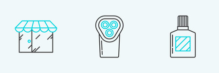 Set line Aftershave Barbershop building and Electrical hair clipper or shaver icon. Vector.のイラスト素材