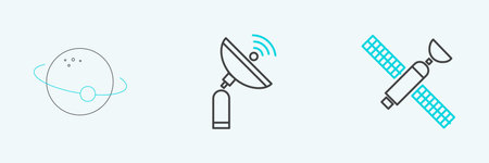 Set line Satellite Planet and Radar icon. Vector.のイラスト素材