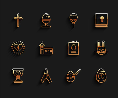 Set line Christian chalice Hands in praying position cross Easter egg paint brush Church building rabbit and Greeting card with Happy icon. Vector.のイラスト素材