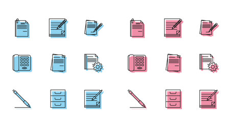 Set line Pen line Drawer with documents File and paper clip Blank notebook pen Document settings gears Telephone and pencil eraser icon. Vector.のイラスト素材