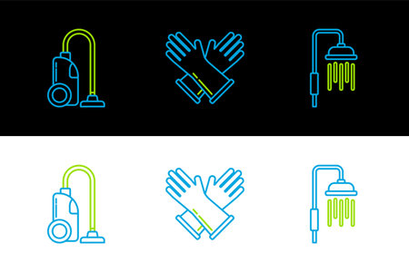 Set line Shower head with water drops flowing Vacuum cleaner and Rubber gloves icon. Vector.のイラスト素材