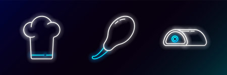 Set line Meat Chef hat and Chicken leg icon. Glowing neon. Vector.のイラスト素材