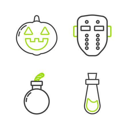 Set line Bottle with potion Bomb ready to explode Hockey mask and Pumpkin icon. Vector.のイラスト素材
