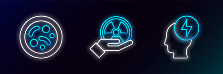 Set line Head and electric symbol Bacteria and Radioactive icon. Glowing neon. Vector.のイラスト素材