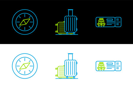 Set line Cruise ticket for traveling by ship Compass and Suitcase icon. Vector.のイラスト素材