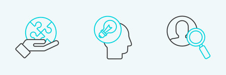 Set line Magnifying glass for search a people Piece of puzzle hand and Human head with lamp bulb icon. Vector.のイラスト素材