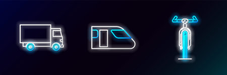 Set line Bicycle Delivery cargo truck vehicle and Train icon. Glowing neon. Vector.のイラスト素材