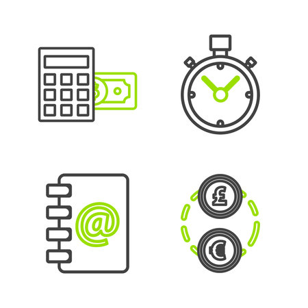 Set line Money exchange Address book Stopwatch and Calculator with dollar symbol icon. Vector.のイラスト素材