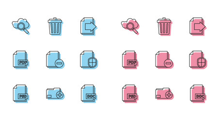 Set line PSD file document Add new folder Search cloud computing DOC Document with minus protection concept PDF and Trash can icon. Vector.のイラスト素材