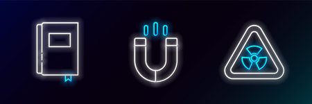 Set line Triangle with radiation Book and Magnet icon. Glowing neon. Vector.
