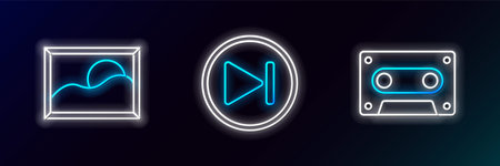 Set line Retro audio cassette tape Picture landscape and Fast forward icon. Glowing neon. Vector.のイラスト素材