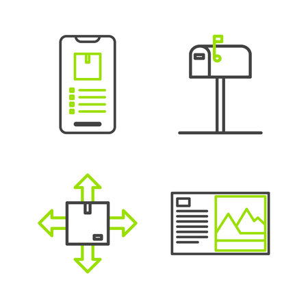 Set line Postcard Cardboard box with traffic symbol Open mail and Mobile phone app delivery tracking icon. Vector.のイラスト素材