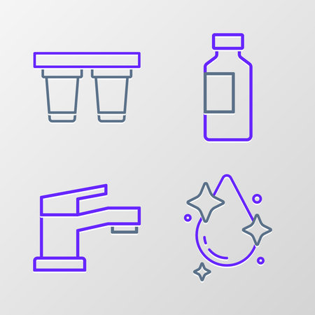Set line Water drop tap Bottle of water and filter icon. Vector.のイラスト素材