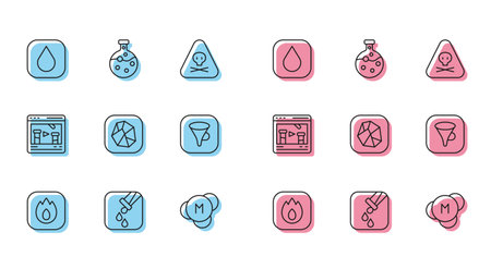 Set line Fire flame Test tube and flask Water drop Molecule Salt stone Funnel or filter Chemical online and icon. Vector.のイラスト素材