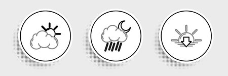 Set line Sunset and cloud weather and Cloud with rain moon icon. Vector.のイラスト素材