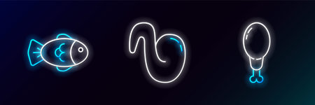 Set line Chicken leg Fish and Fried chicken wing icon. Glowing neon. Vector.のイラスト素材