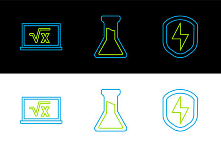 Set line Secure shield with lightning Square root of x glyph and Test tube and flask icon. Vector.のイラスト素材