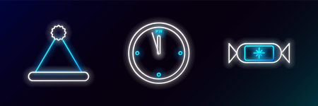 Set line Candy Christmas Santa Claus hat and Clock icon. Glowing neon. Vector.のイラスト素材