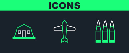 Set line Bullet Military barracks and Jet fighter icon. Vector.のイラスト素材