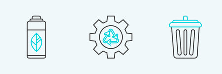 Set line Trash can Recycling plastic bottle and Recycle symbol and gear icon. Vector.のイラスト素材