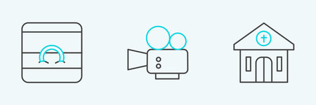 Set line Church building Wedding rings and Cinema camera icon. Vector.のイラスト素材