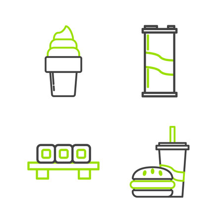 Set line Paper glass with drinking straw and burger Sushi on cutting board Soda can and Ice cream waffle cone icon. Vector.のイラスト素材