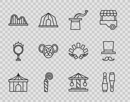 Set line Circus tent Bowling pin Magician hat Birthday party horn Roller coaster Monkey Attraction carousel and icon. Vector.のイラスト素材