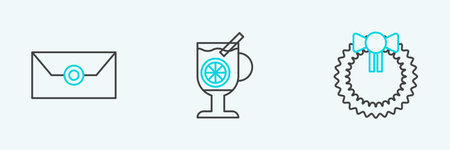 Set line Christmas wreath Envelope with christmas party invitation card and Mulled wine glass of drink icon. Vector.のイラスト素材