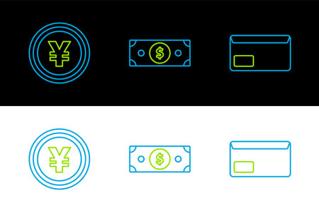 Set line Envelope Coin money with Yen symbol and Stacks paper cash icon. Vector.のイラスト素材