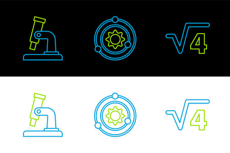 Set line Square root of 4 glyph Microscope and Solar system icon. Vector.のイラスト素材