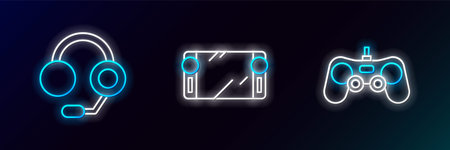 Set line Gamepad Headphones and Portable video game console icon. Glowing neon. Vector.のイラスト素材