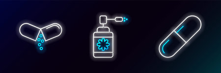 Set line Medicine pill or tablet and Medical bottle with nozzle spray icon. Glowing neon. Vector.のイラスト素材