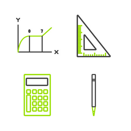 Set line Pencil with eraser Calculator Triangular ruler and Pie chart infographic icon. Vector.のイラスト素材