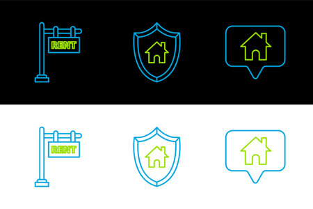 Set line Map pointer with house Hanging sign text Rent and House shield icon. Vector.のイラスト素材
