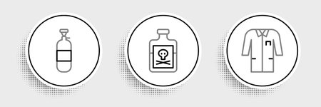 Set line Laboratory uniform Propane gas tank and Poison in bottle icon. Vector.のイラスト素材
