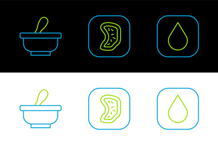 Set line Water drop Mortar and pestle and Bacteria icon. Vector.のイラスト素材