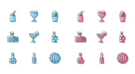 Set line Bottle of cognac or brandy Champagne bottle Cocktail Wooden barrel Wine with glass Whiskey and icon. Vector.のイラスト素材