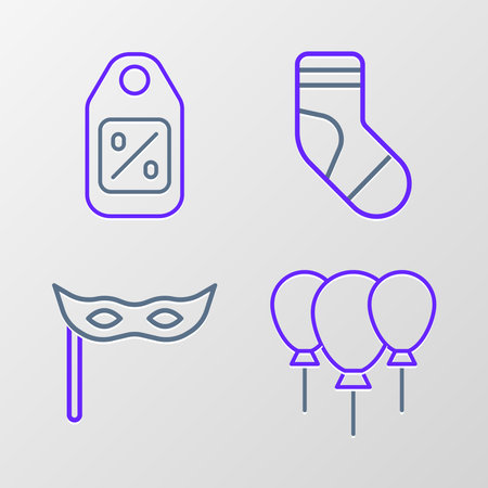 Set line Balloons with ribbon Festive mask Christmas stocking and Price tag Sale icon. Vector.のイラスト素材