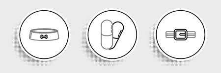 Set line Collar with name tag Pet food bowl and Dog and pills icon. Vector.のイラスト素材