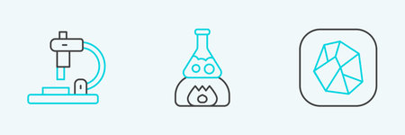 Set line Salt stone Microscope and Test tube flask fire icon. Vector.のイラスト素材
