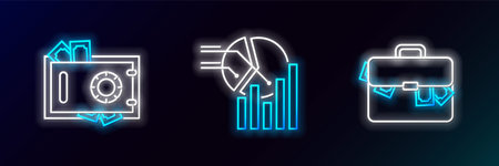 Set line Briefcase and money Safe and Pie chart infographic icon. Glowing neon. Vector.のイラスト素材