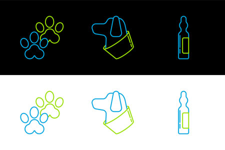 Set line Pets vial medical Paw print and Dog icon. Vector.のイラスト素材