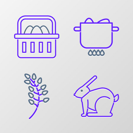 Set line Easter rabbit Willow leaf Egg in hot pot and Basket with easter eggs icon. Vector.のイラスト素材