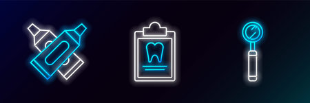 Set line Dental inspection mirror Crossed tube of toothpaste and Clipboard with dental card icon. Glowing neon. Vector.のイラスト素材