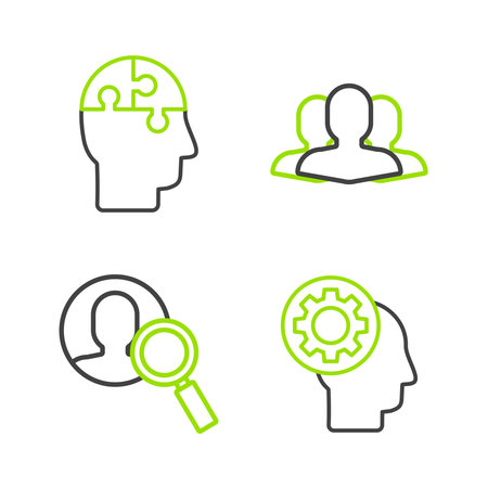Set line Human head with gear inside Magnifying glass for search people Users group and puzzles strategy icon. Vector.のイラスト素材