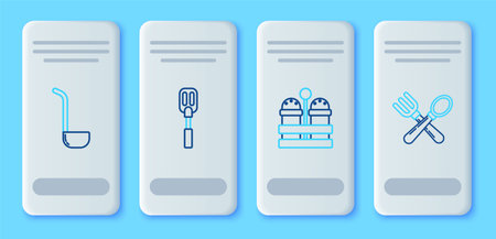 Set line Spatula Salt and pepper Kitchen ladle and Crossed fork spoon icon. Vector.のイラスト素材