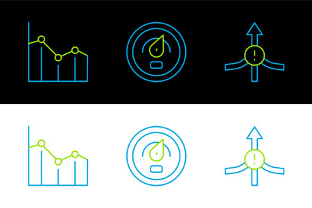 Set line Arrow Pie chart infographic and Digital speed meter icon. Vector.のイラスト素材